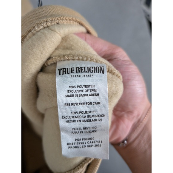 True Religion Hoodie Mens Large Beige Navy TR Logo Pullover Sweatshirt New Tags - Picture 7 of 11